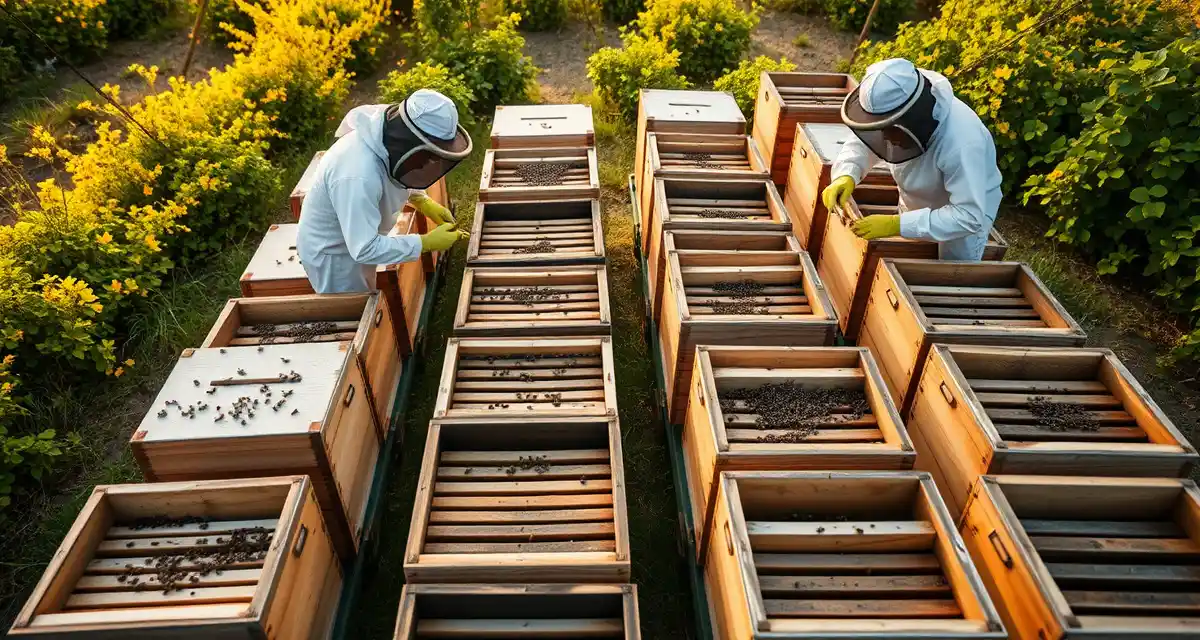 Community garden apiary with multiple beehives showing varroa mite management coordination between neighboring beekeepers