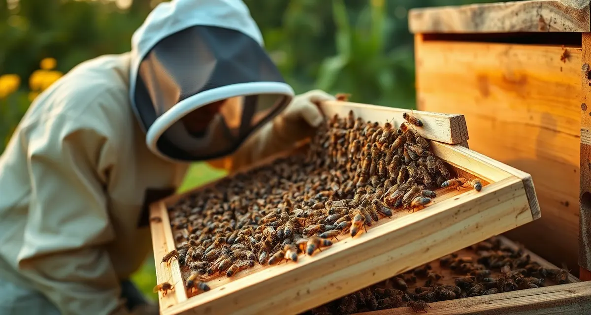 Beekeeper inspecting hive frame for varroa mites during Southeast US fall treatment season with extended summer window