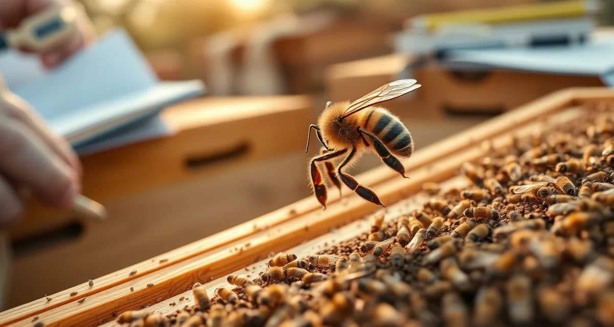 Close-up of varroa mite on honeybee during Midwest hive inspection for fall treatment timing
