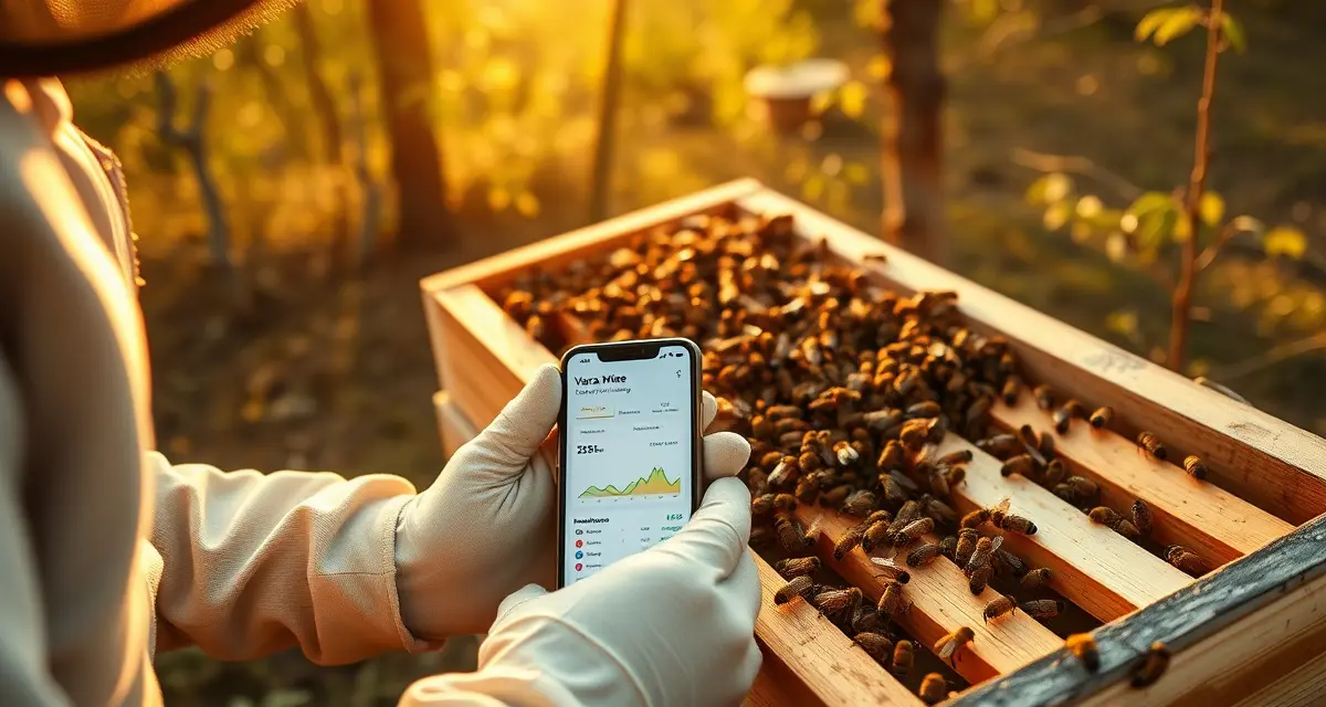 Beekeeper using smartphone with varroa mite tracking app to monitor hive health in the apiary with protective gloves on.
