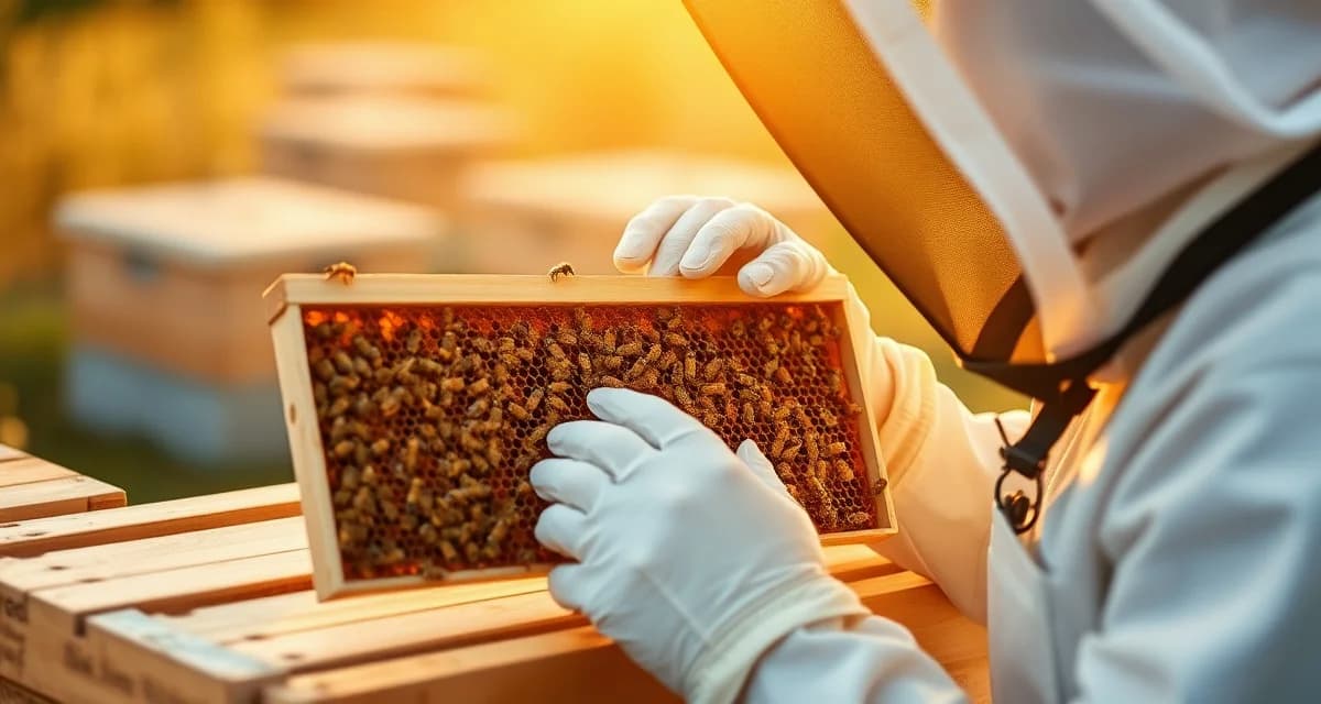 Beekeeper inspecting honeycomb frame for varroa mite monitoring during annual hive health assessment and tracking.