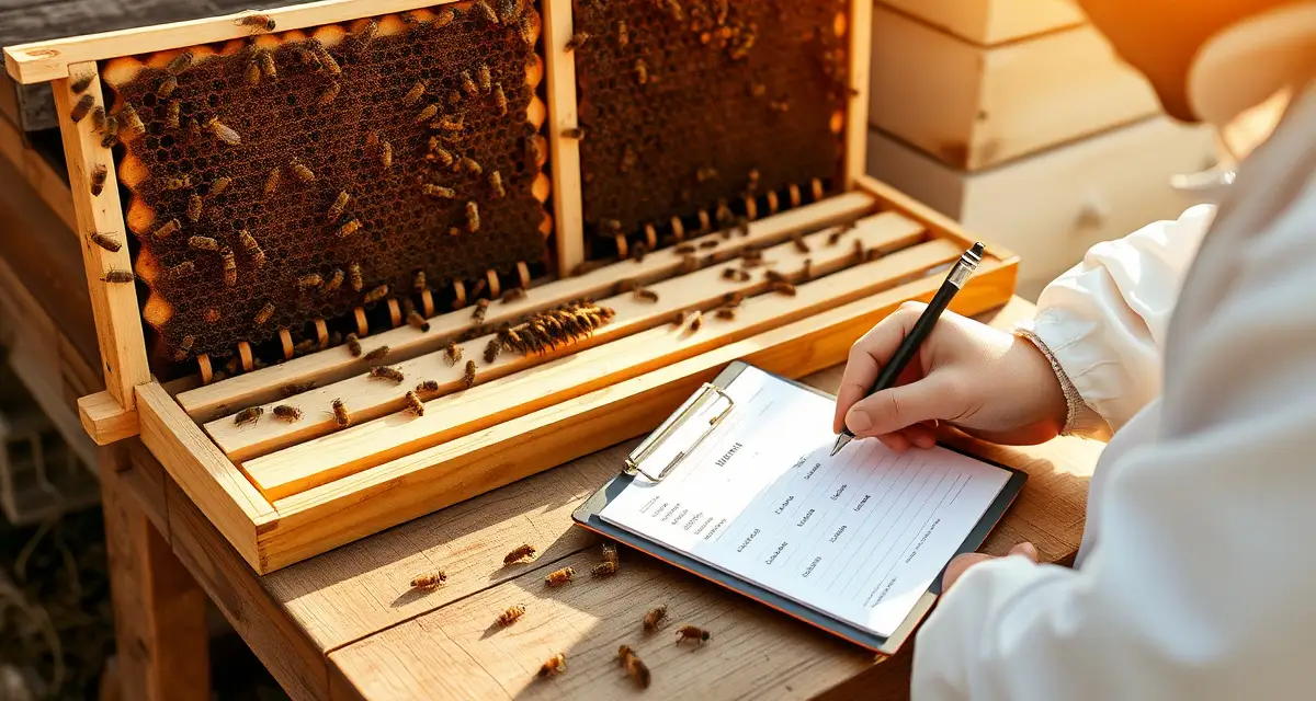 Beekeeper recording varroa mite counts on a systematic monitoring schedule with hive frame and tracking clipboard.