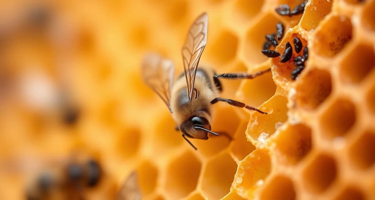 Varroa mite on honeybee frame during winter monitoring inspection to prevent spring colony collapse.