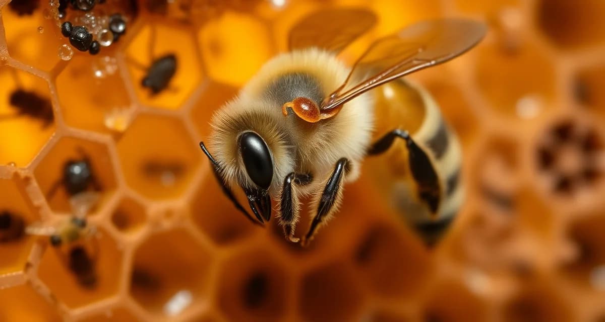 Varroa mite visible on honeybee in observation hive with transparent walls showing colony structure and monitoring setup