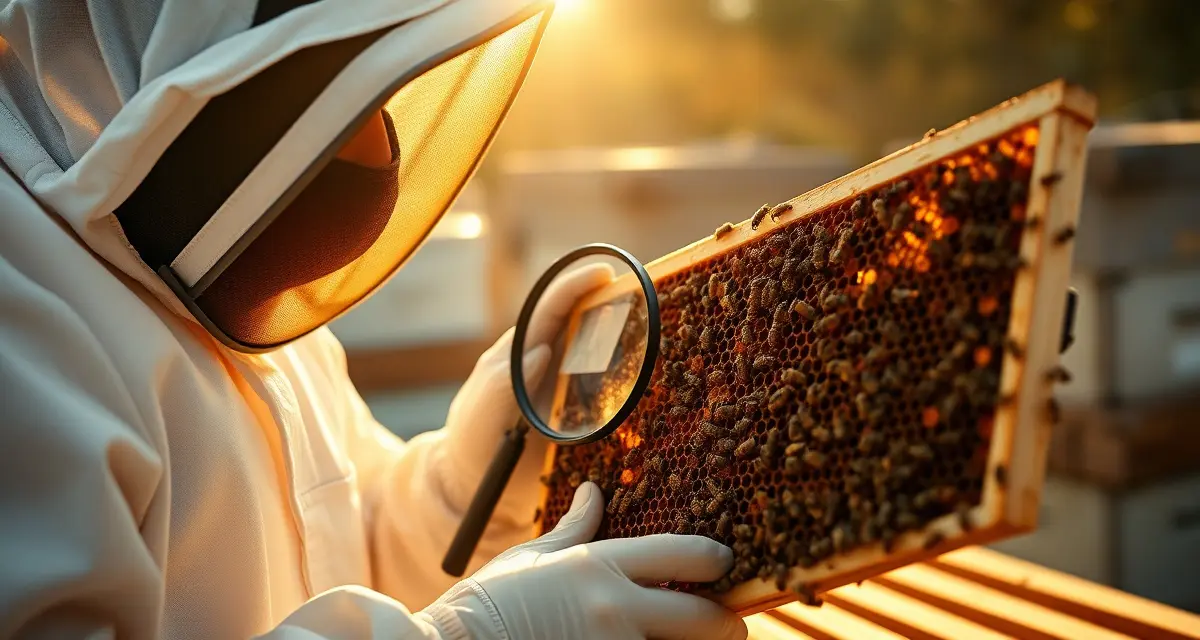 Professional beekeeper inspecting honeycomb for varroa mites during hive monitoring and diagnosis