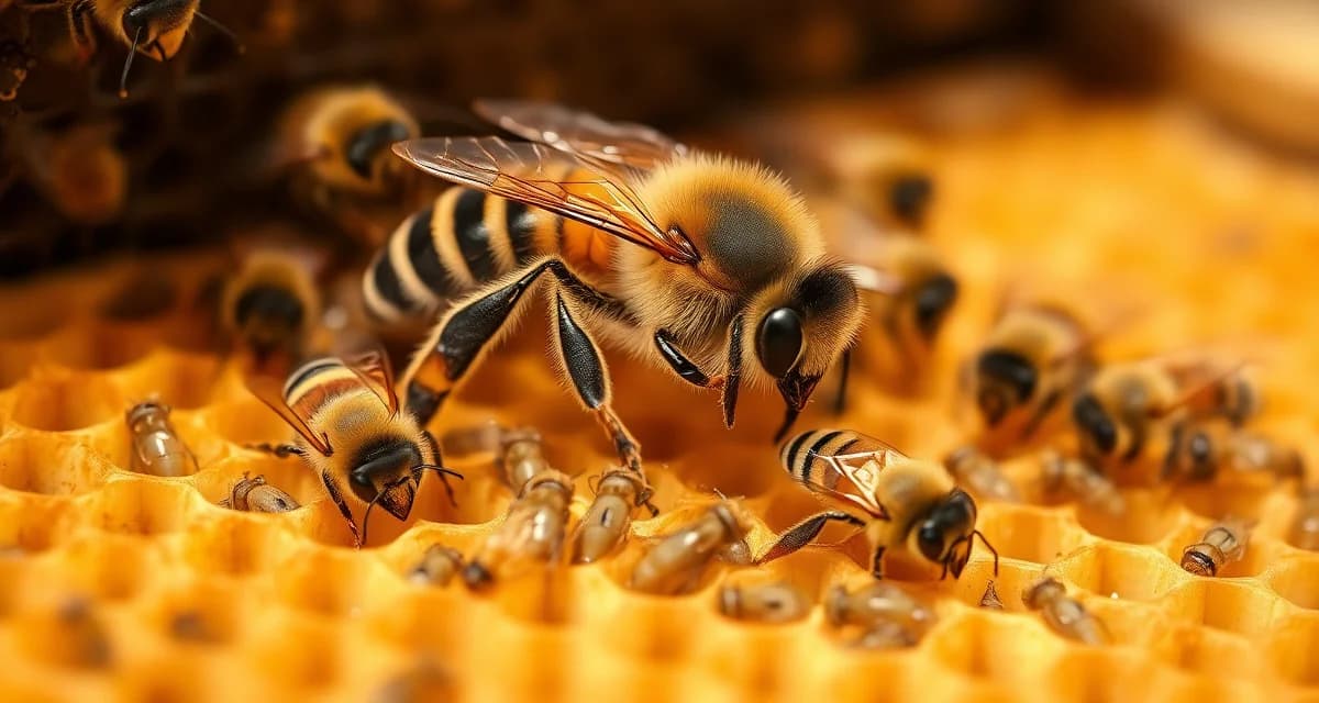 Close-up view of honeybee queen with varroa mites visible on brood cells, showing mite damage to colony development.