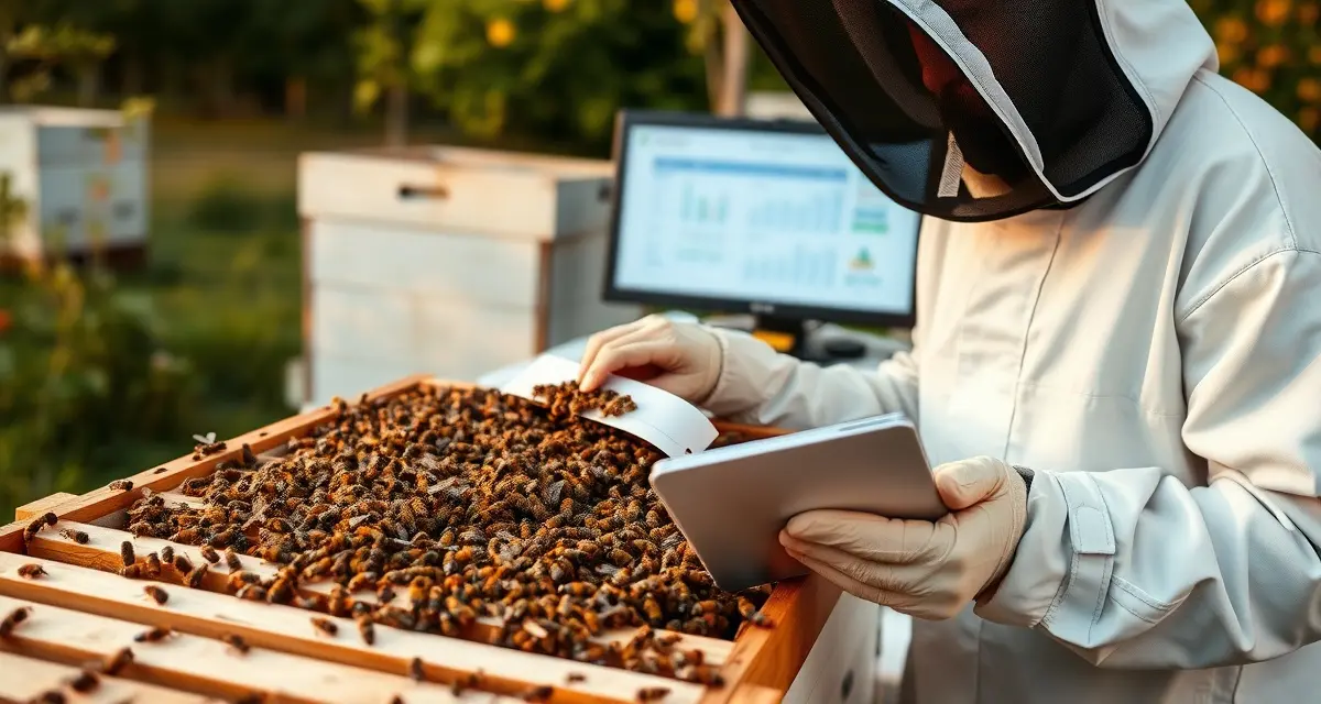 Beekeeper comparing varroa mite records between hobby and commercial hive management systems with digital tracking clipboard