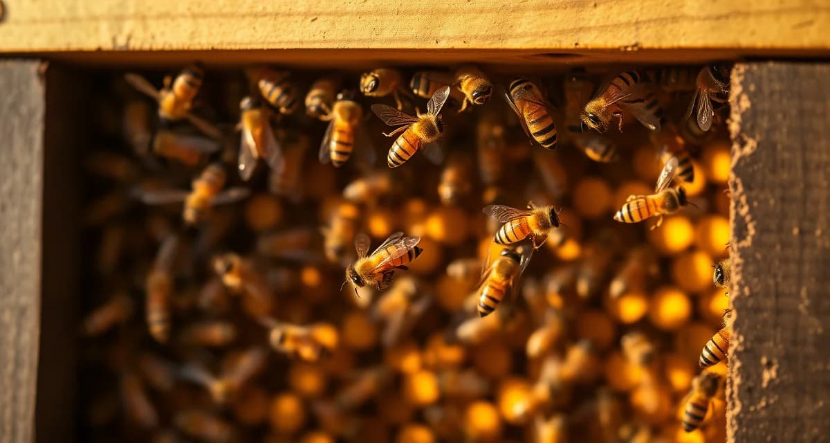 Honeybees entering hive entrance during robbing event, showing varroa mite transmission between colonies