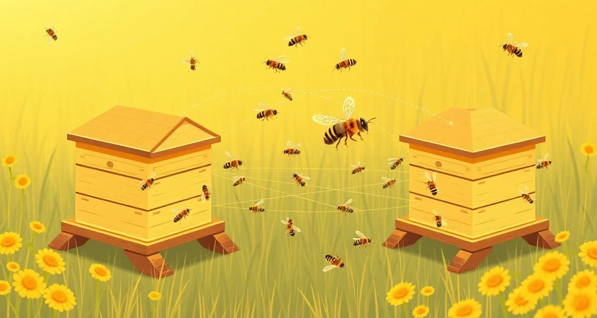 Illustration of varroa mite spread vectors between apiaries showing reinfestation pathways and transmission routes between bee colonies.