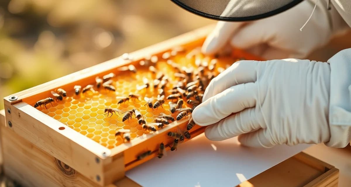 Beekeeper inspecting honeycomb frame during spring varroa mite count and treatment decision process with inspection sheet