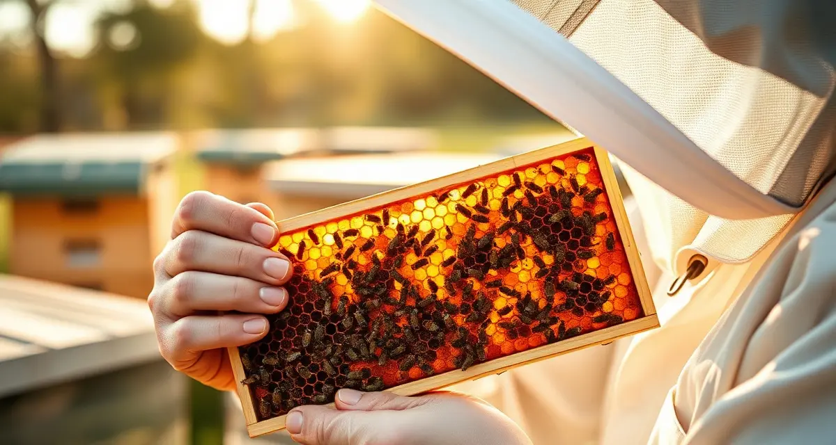 Beekeeper analyzing honeycomb frame for varroa mite infestation during hive inspection and management survey study
