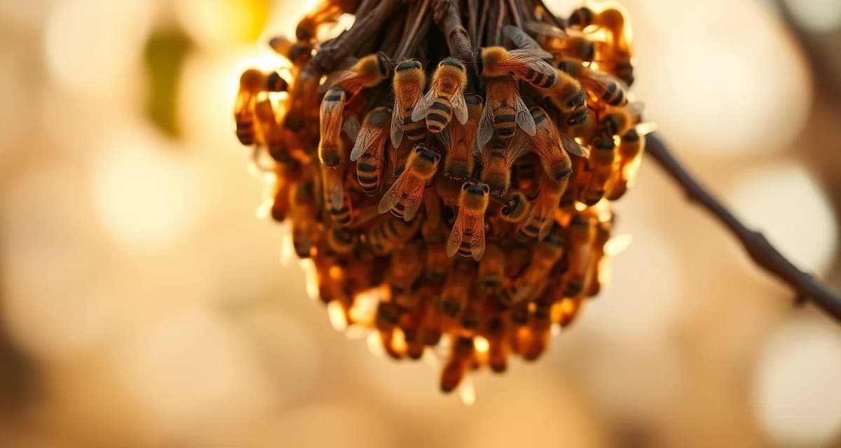 Honey bee swarm clustered together showing varroa mite monitoring for captured colonies and new beekeepers.
