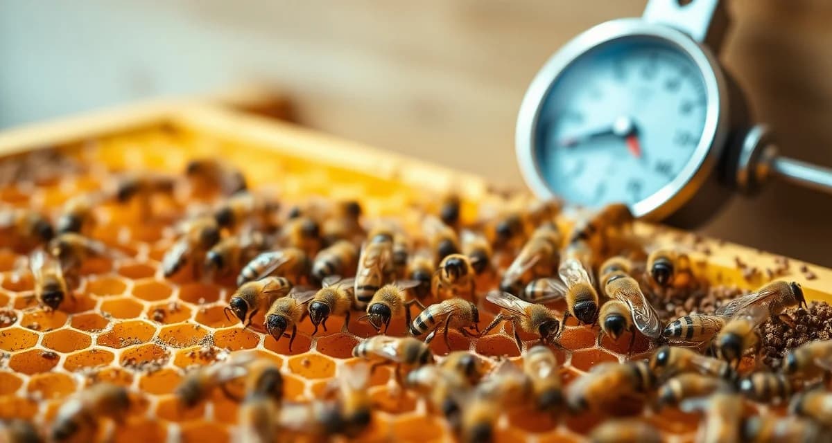Honeycomb frame showing varroa mites on bees with temperature monitoring gauge during hive inspection