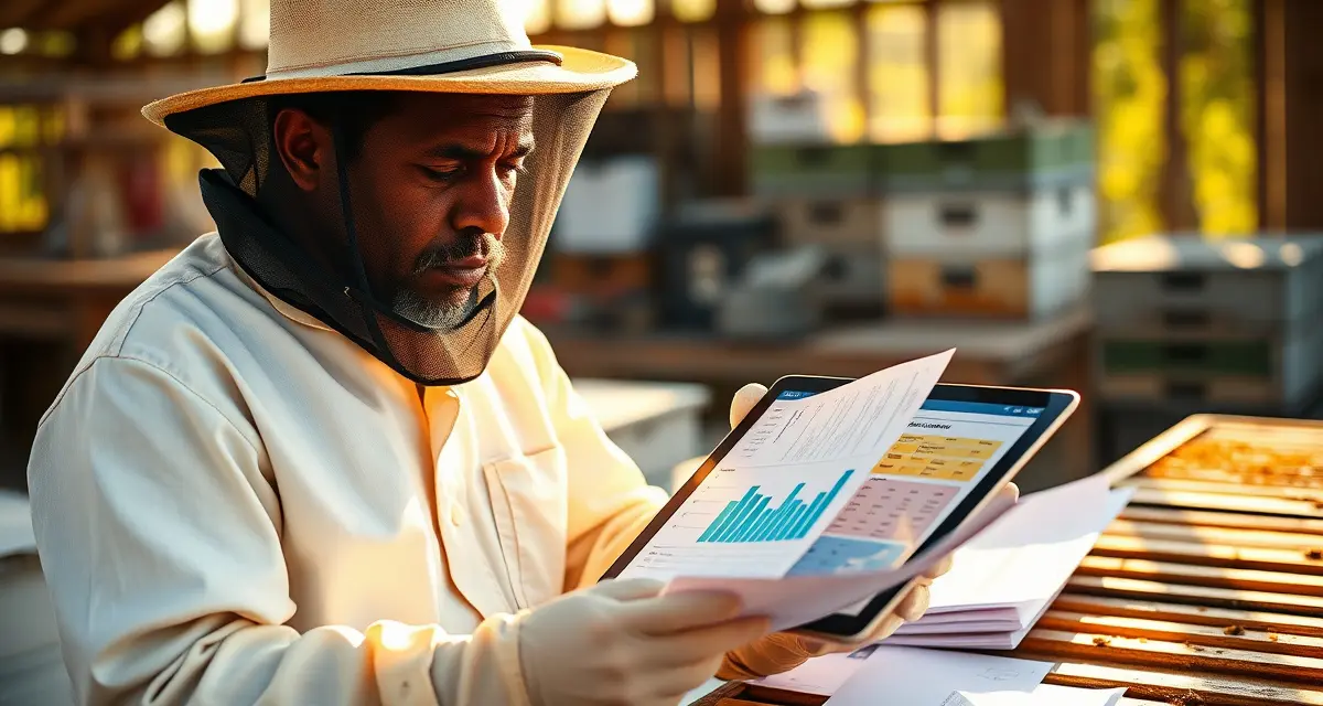Beekeeper reviewing varroa mite tracking records and management data on tablet to reduce administrative burnout