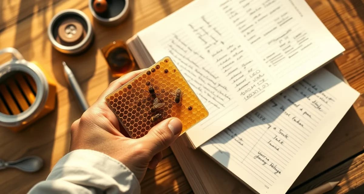 Beekeeper comparing varroa mite counts on sticky board with handwritten journal records for hive management tracking