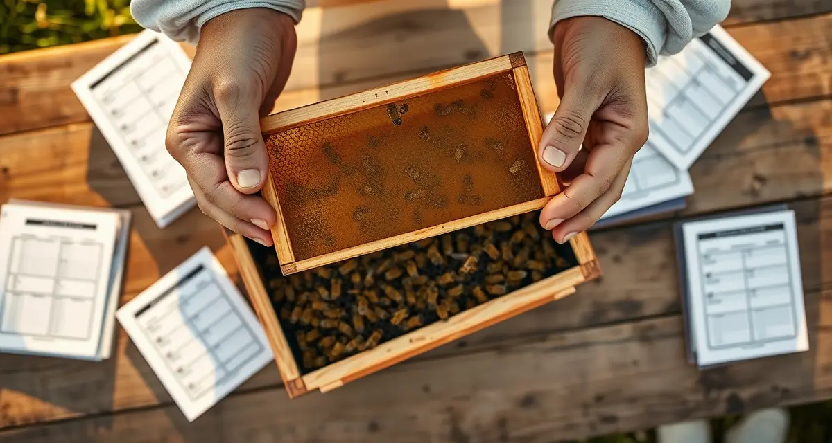 Beekeeper using varroa mite sampling frame to monitor hive health with management tracking templates and treatment logs nearby