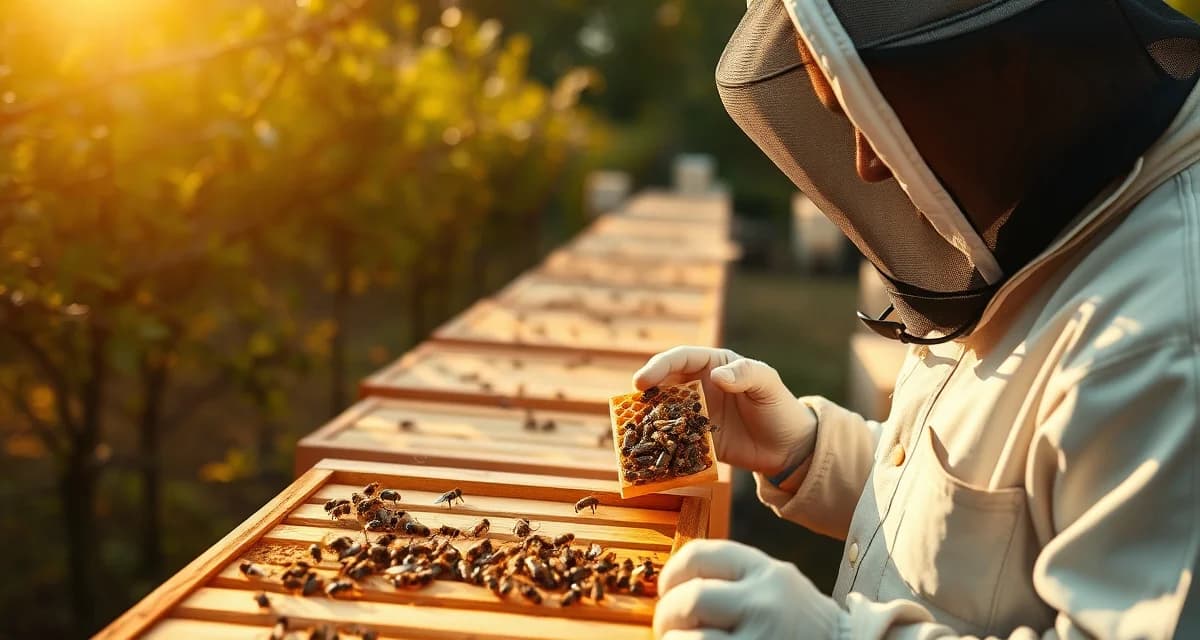 New Jersey beekeeper inspecting hive frame for varroa mite monitoring in dense apiary setting with multiple colonies