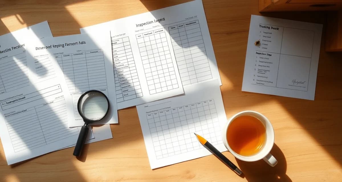 Organized varroa mite management record-keeping templates and inspection logs displayed on a desk with beekeeping tools