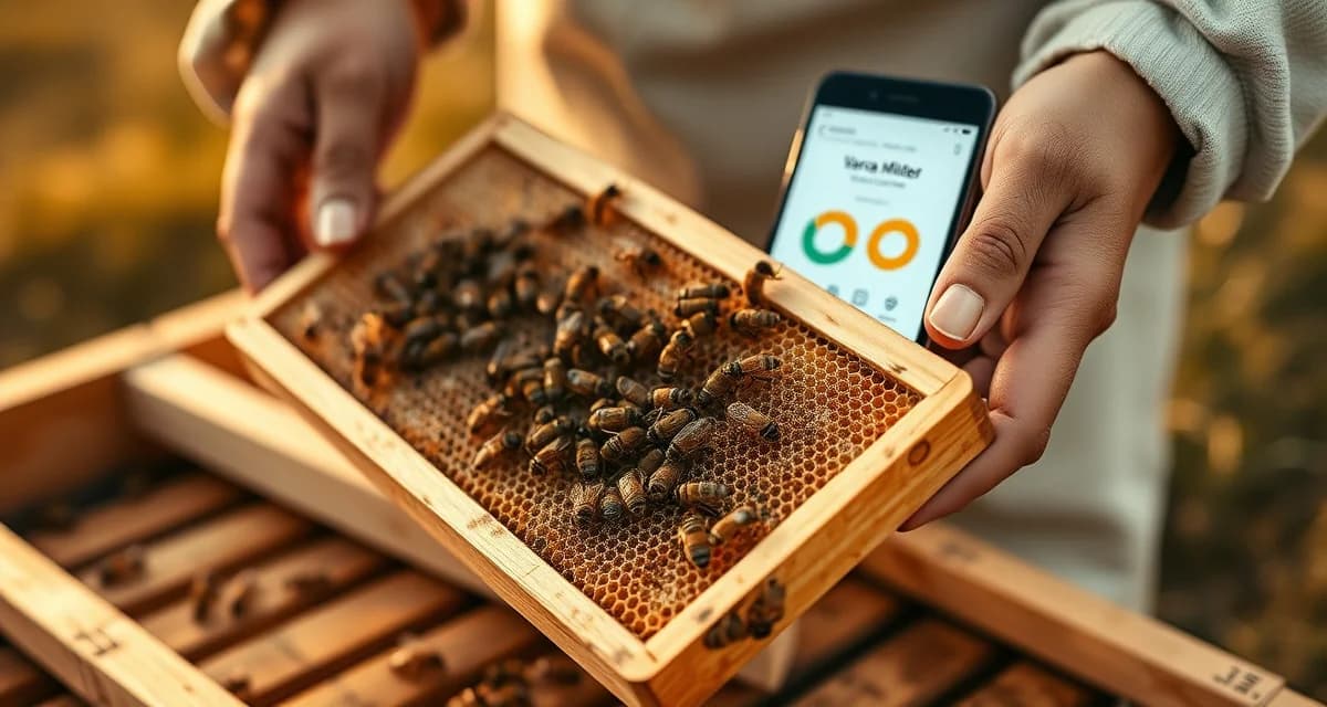 Hobby beekeeper using varroa mite tracking software on tablet while inspecting honeybee hive frame