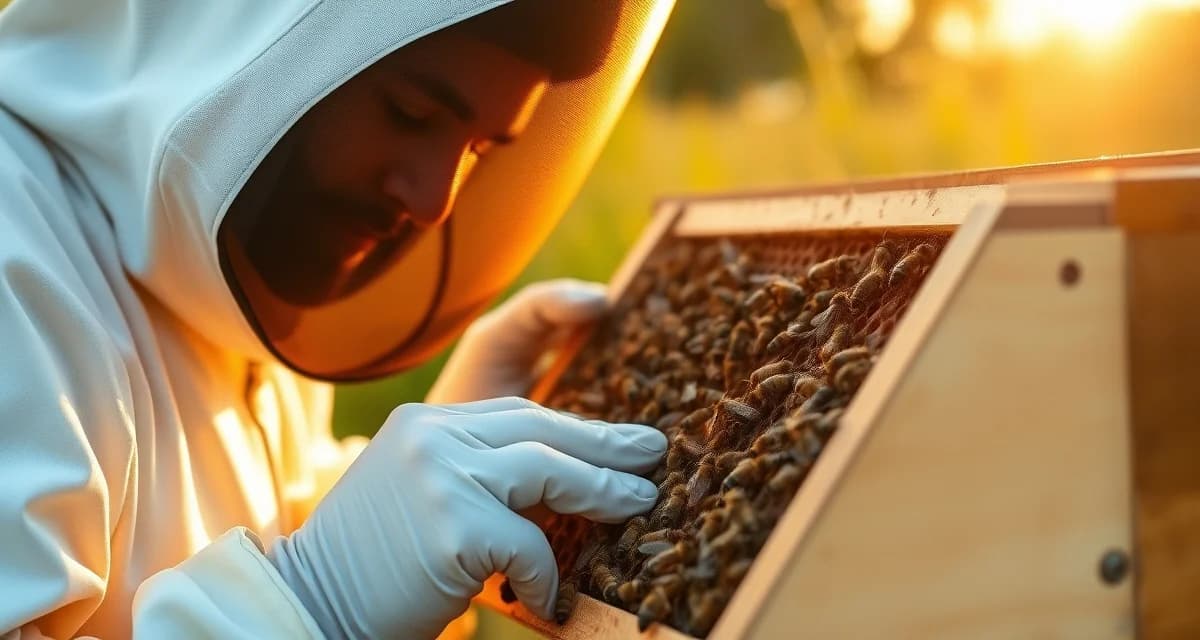 Beekeeper inspecting honeycomb frame for varroa mite infestation during monthly hive monitoring and management check