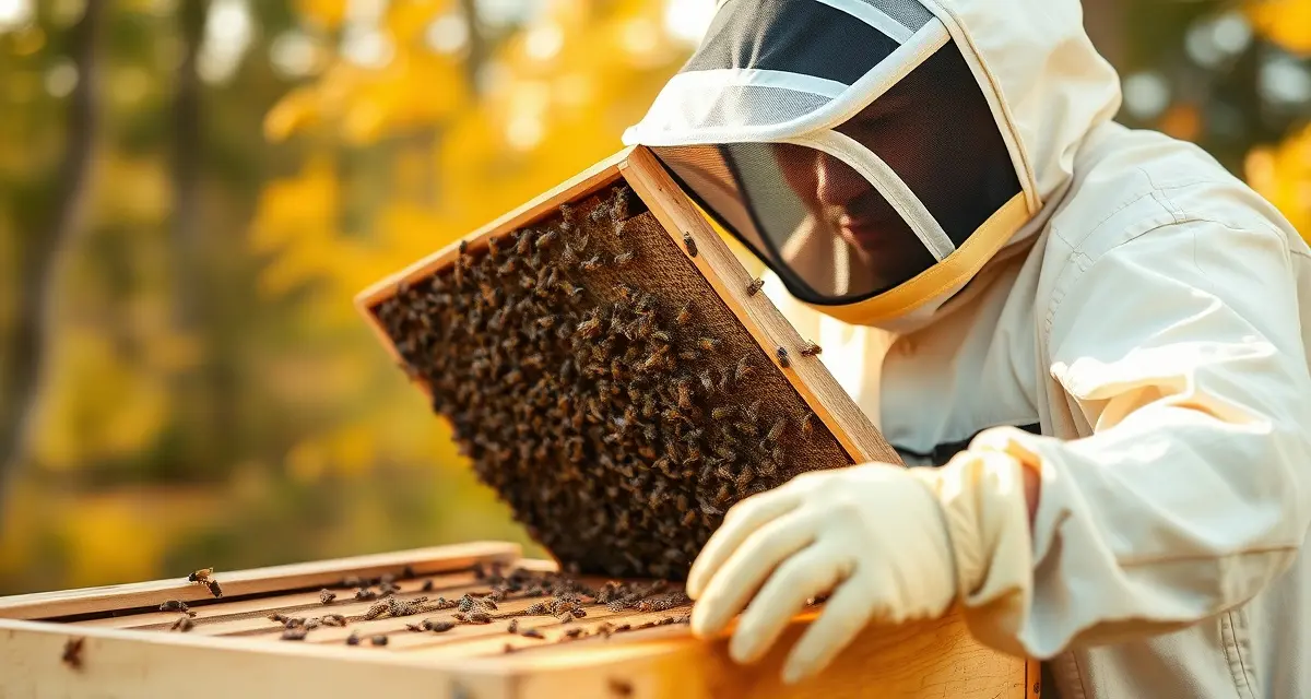 Beekeeper treating varroa mites on hive frame in Zone 4 cold climate before winter season