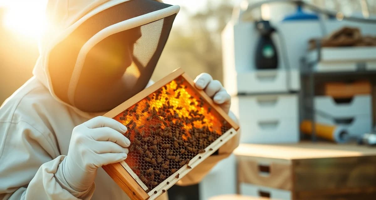 Beekeeper inspecting honeycomb frame for varroa mite treatment planning in February during spring hive preparation.