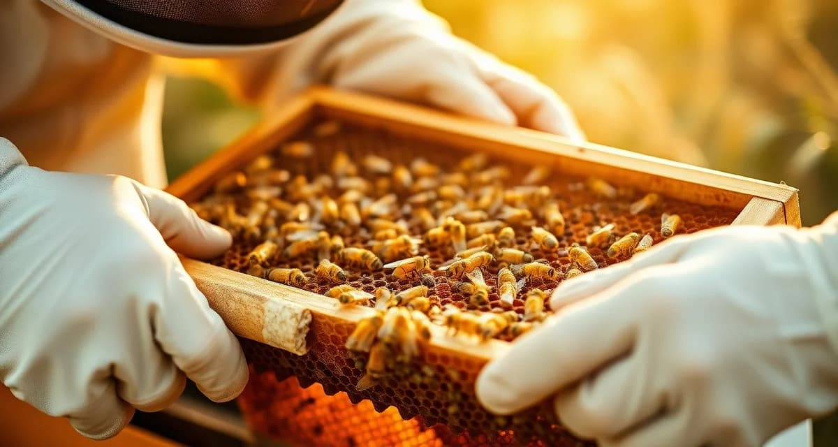 Beekeeper inspecting honey super frame for varroa mites during honey production season with EPA-approved treatments