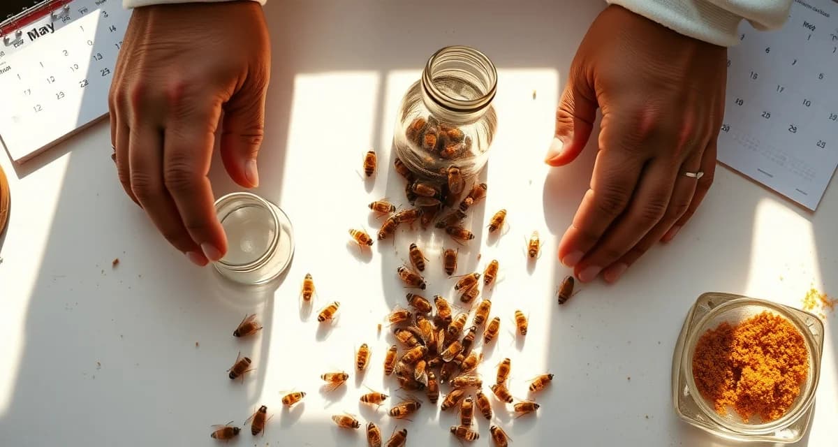 Beekeeper performing varroa mite alcohol wash test in May to establish seasonal baseline monitoring for hive health.