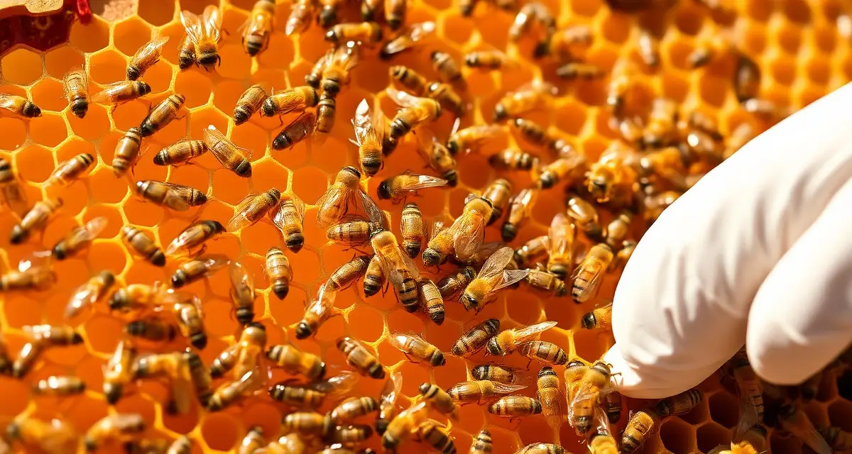 Honeycomb frame showing varroa mites on bees with approved treatment application methods for hive management.