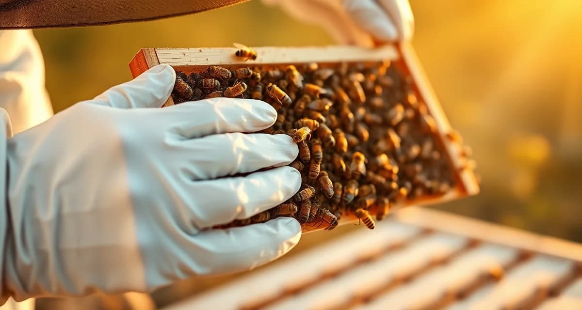Beekeeper examining honeycomb frame for varroa mites during first-year hive inspection and treatment protocol