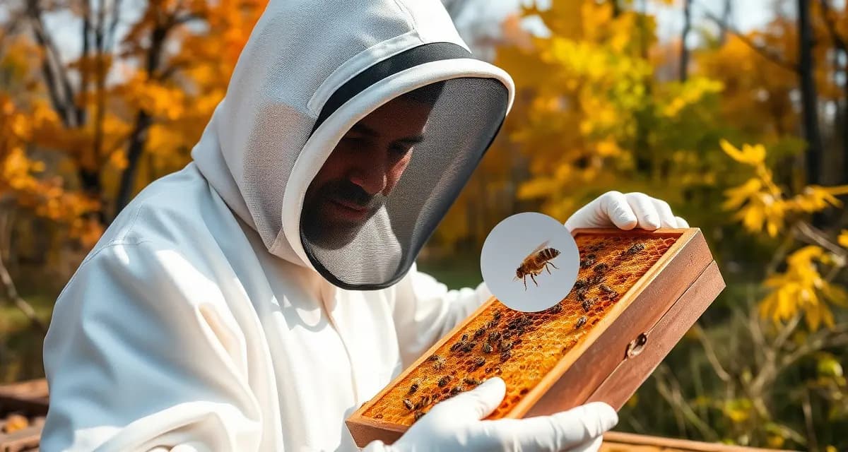 Beekeeper inspecting honeycomb frame for varroa mites during fall treatment season in New England beehive management