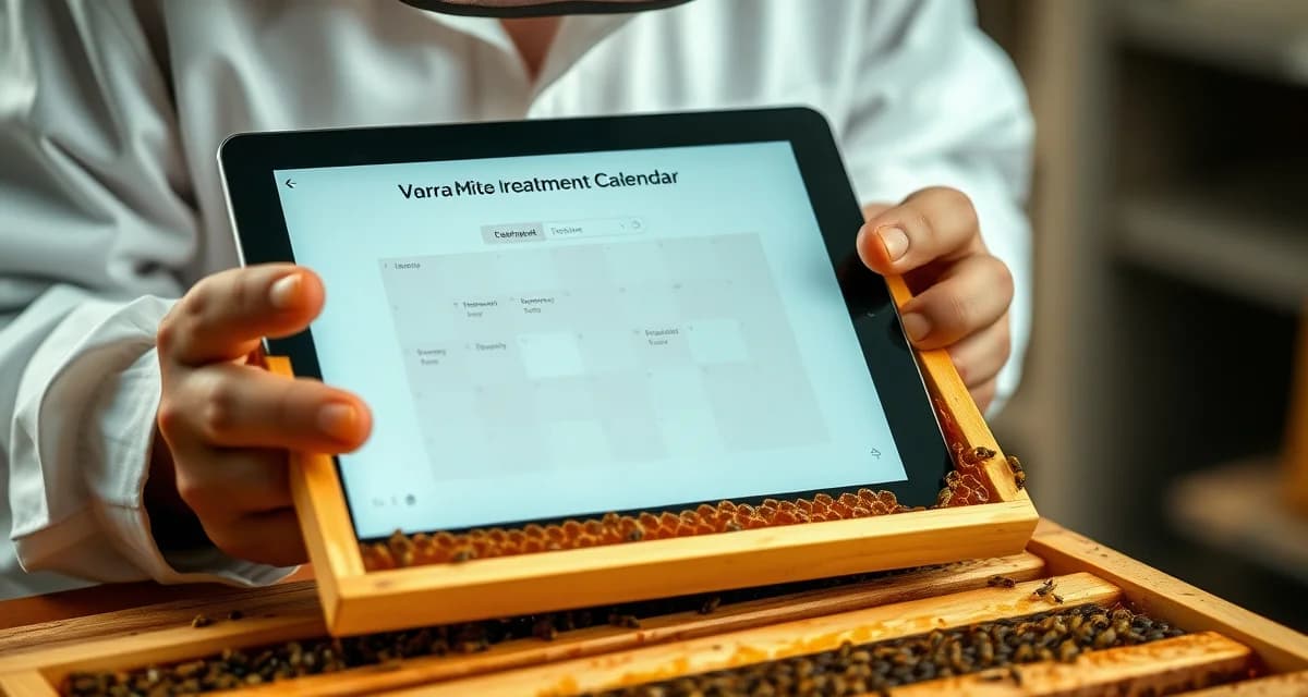Beekeeper using VarroaVault's varroa mite treatment plan generator on tablet while inspecting honeycomb frame