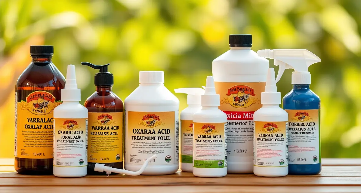 Collection of EPA-registered varroa mite treatment products including oxalic acid, formic acid, and specialty applicators for beehive management.