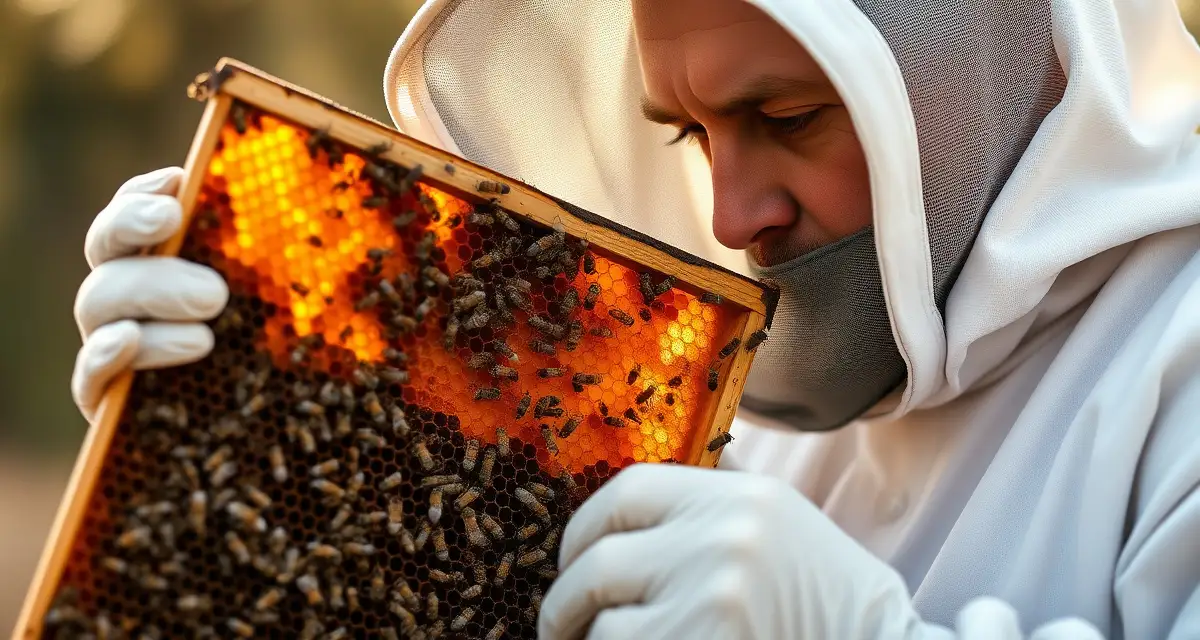 Beekeeper inspecting honeycomb frame for varroa mite infestation during hive management and treatment assessment