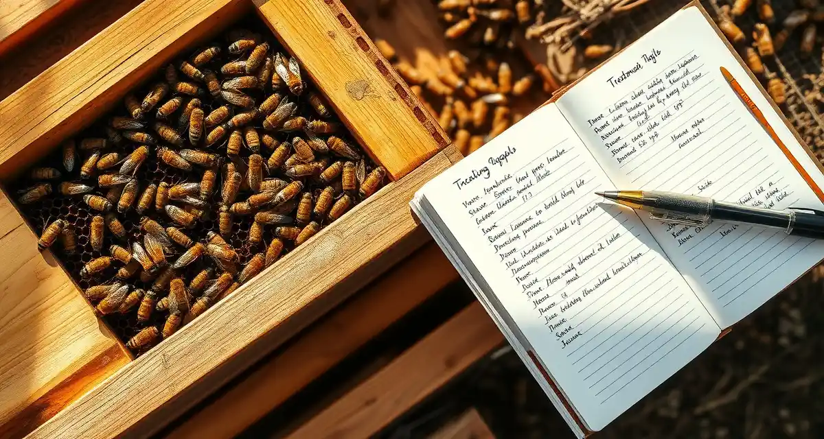 Beekeeper's hive inspection logbook showing varroa mite treatment records and documentation gaps during hive audit process