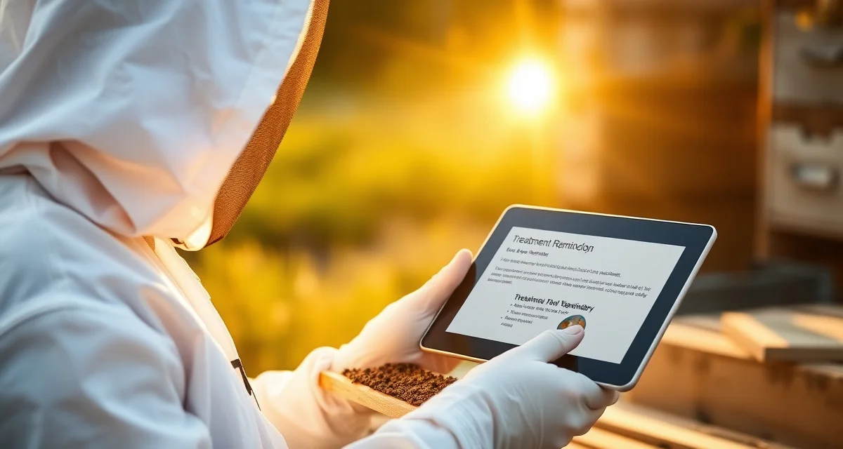 Beekeeper using varroa mite treatment reminder system on tablet while inspecting honeybee hive frame for varroa infestation.