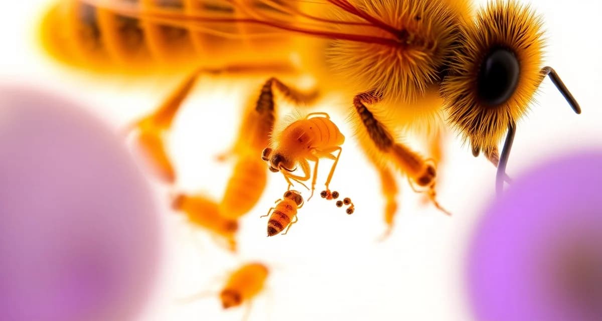 Microscopic view of varroa mites on honeybee demonstrating treatment resistance development in varroa populations