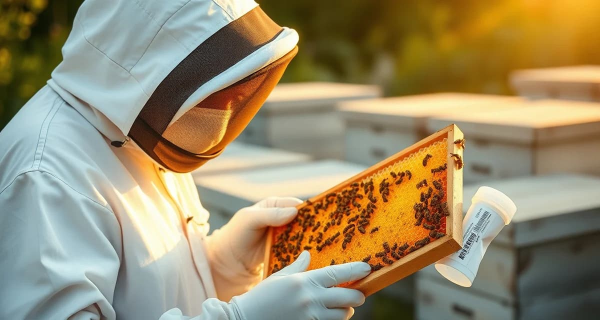Beekeeper examining honeycomb frame to choose appropriate varroa mite treatment based on hive conditions