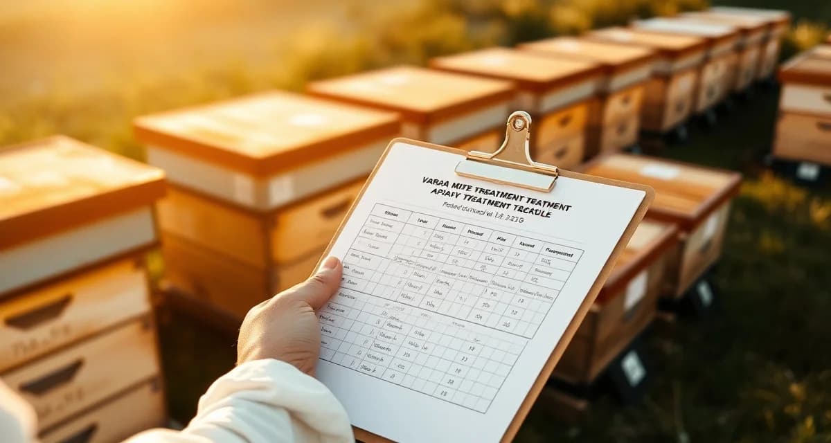 Beekeeper managing varroa mite treatment schedules across multiple apiary locations with location-specific treatment plans