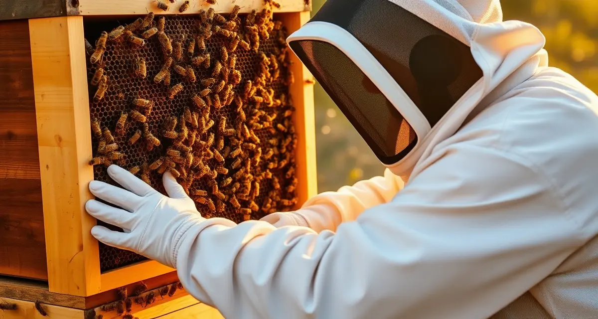 Beekeeper inspecting spring split hive for varroa mite treatment and colony health monitoring