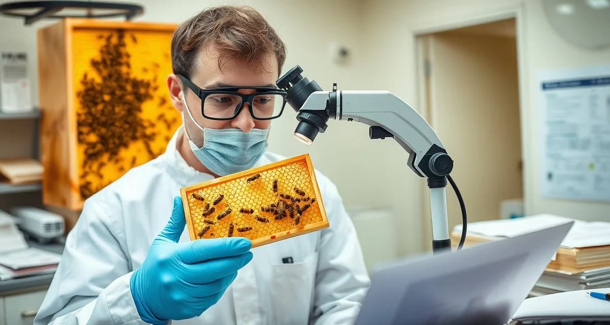 Beekeeper reviewing varroa mite university extension resources and educational documents for colony management