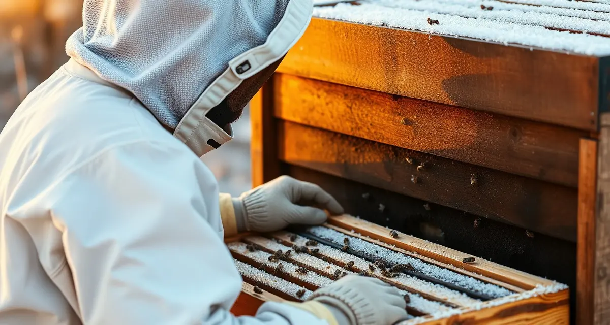 Beekeeper inspecting hive frames for varroa mite tracking and winter colony health management using VarroaVault