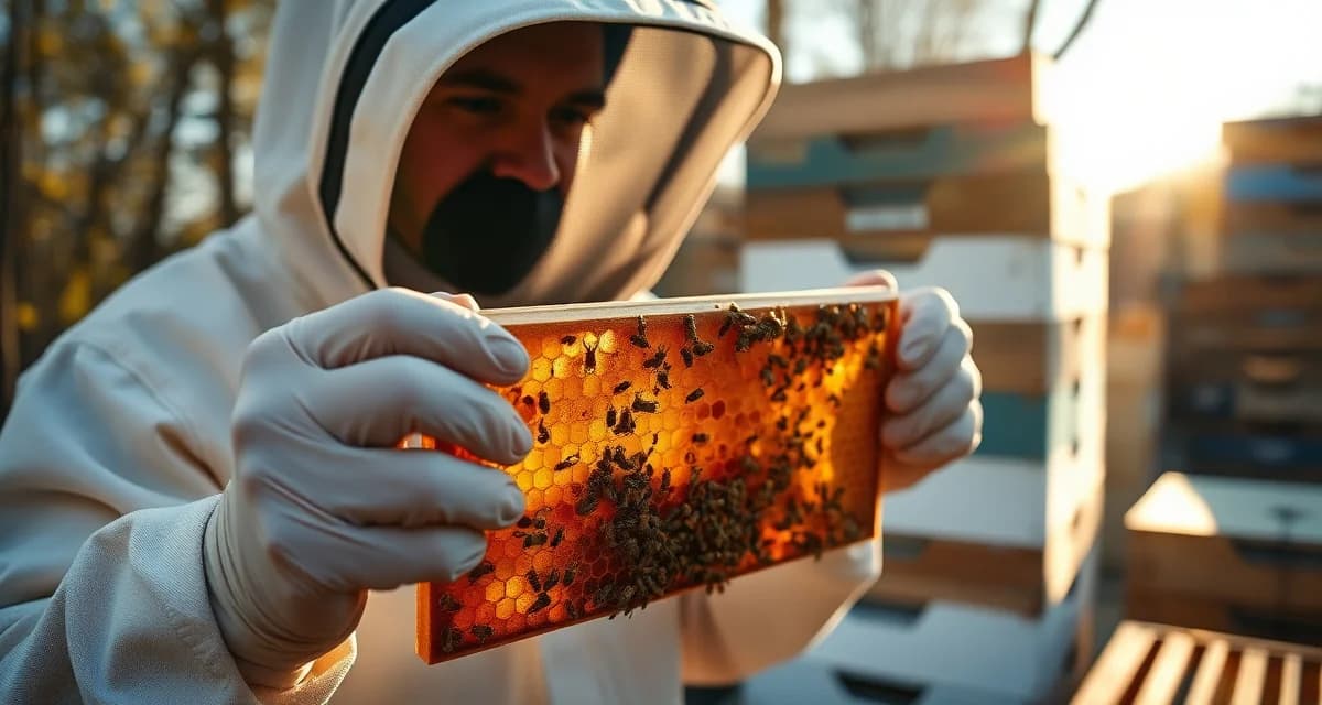 Beekeeper inspecting honeycomb frame for varroa mites during winter hive preparation and treatment