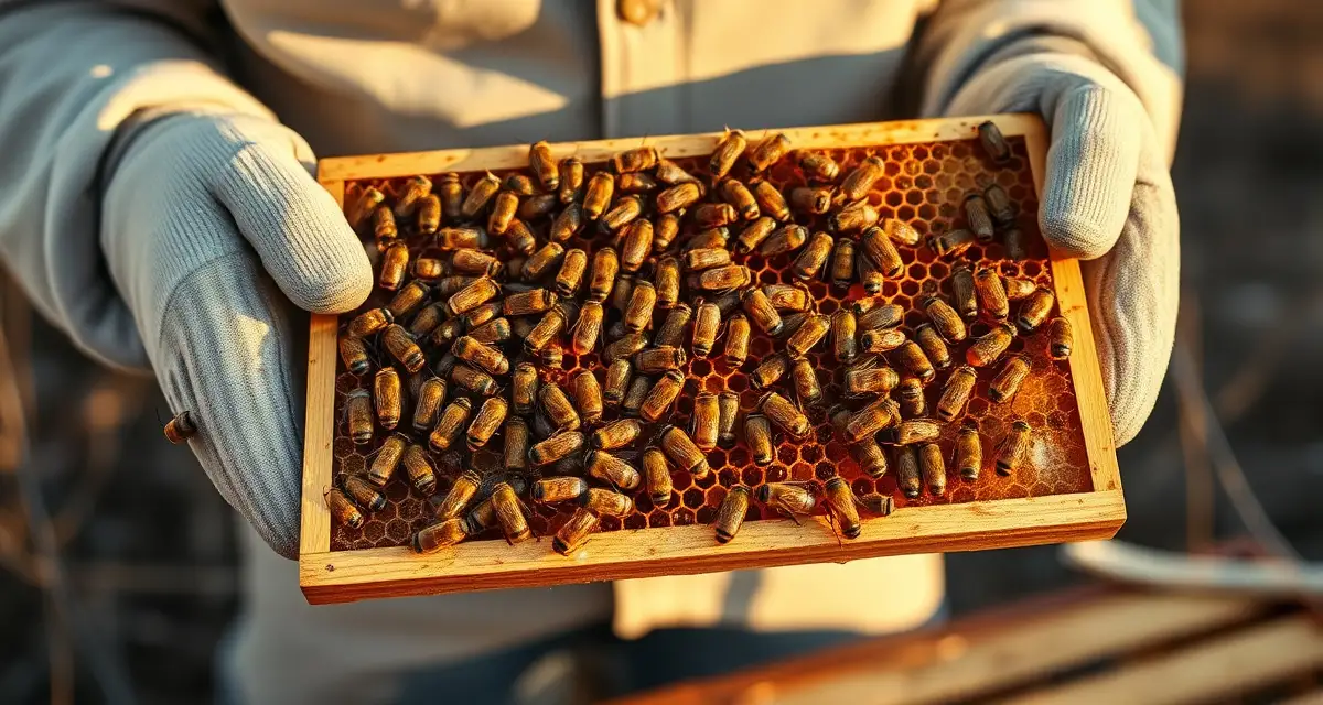 Beekeeper inspecting varroa mites on honeybee frame during winter monitoring in mild climate zones