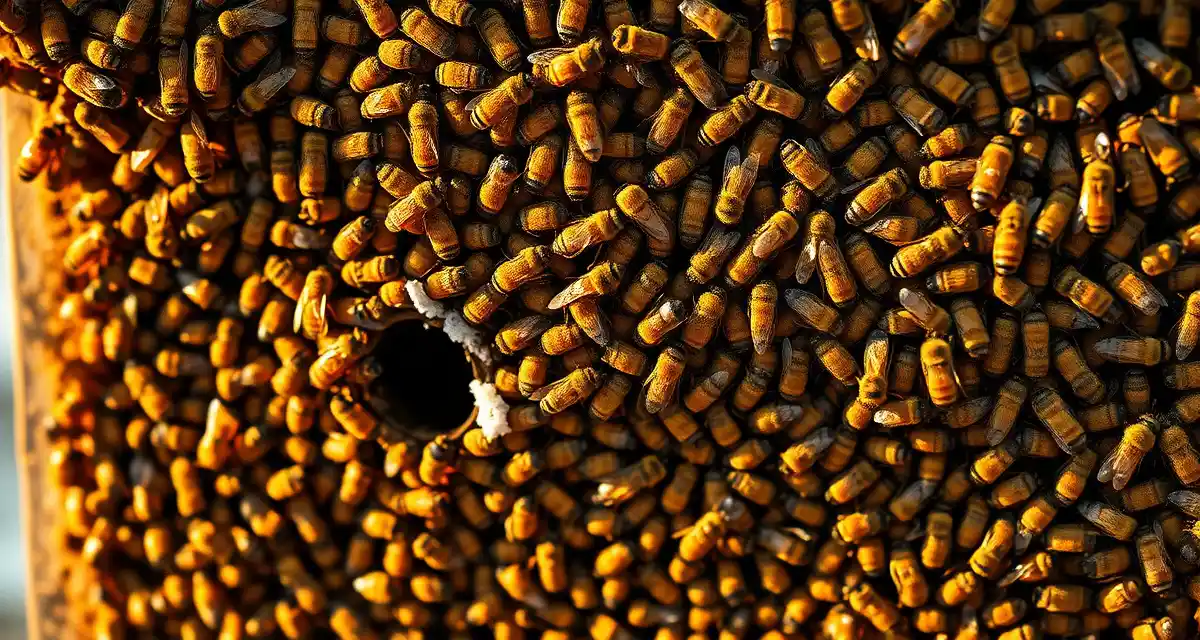 Honeybee colony clustered tightly on hive frame during winter pack-down preparation with varroa mite treatment