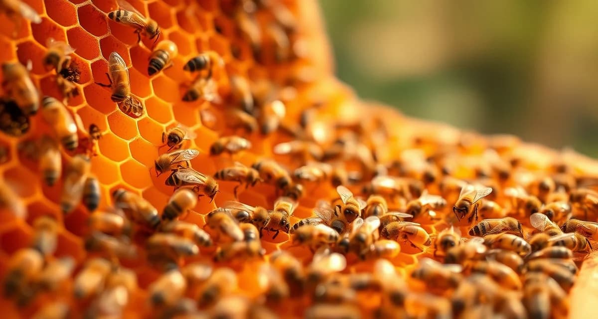 Honeycomb frame showing varroa mite infestation on honeybees affecting honey production and hive health.