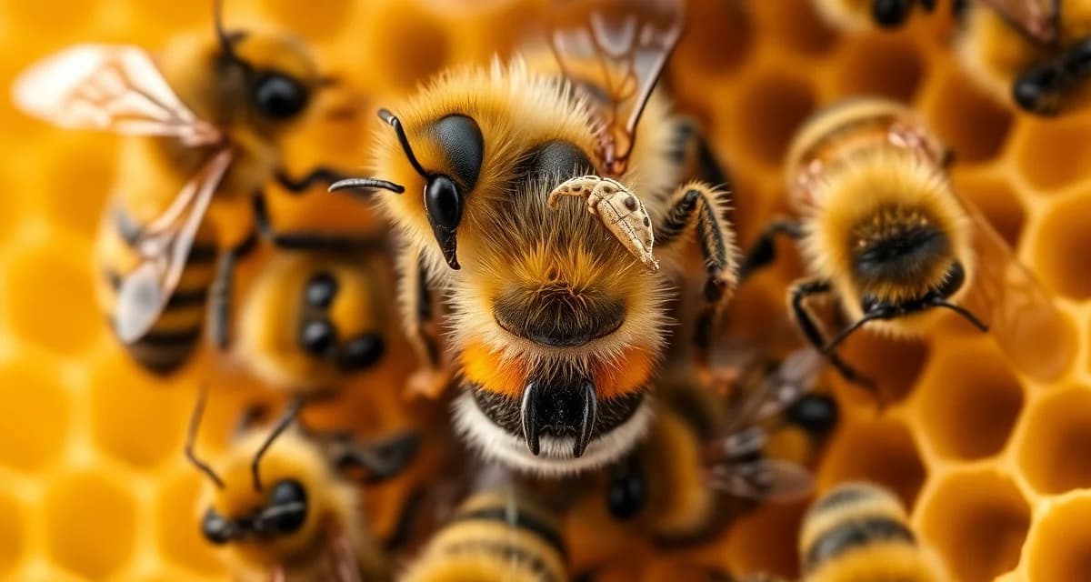 Queen bee in brood cell with varroa mite visible, showing the threat to queen rearing programs in beehives.