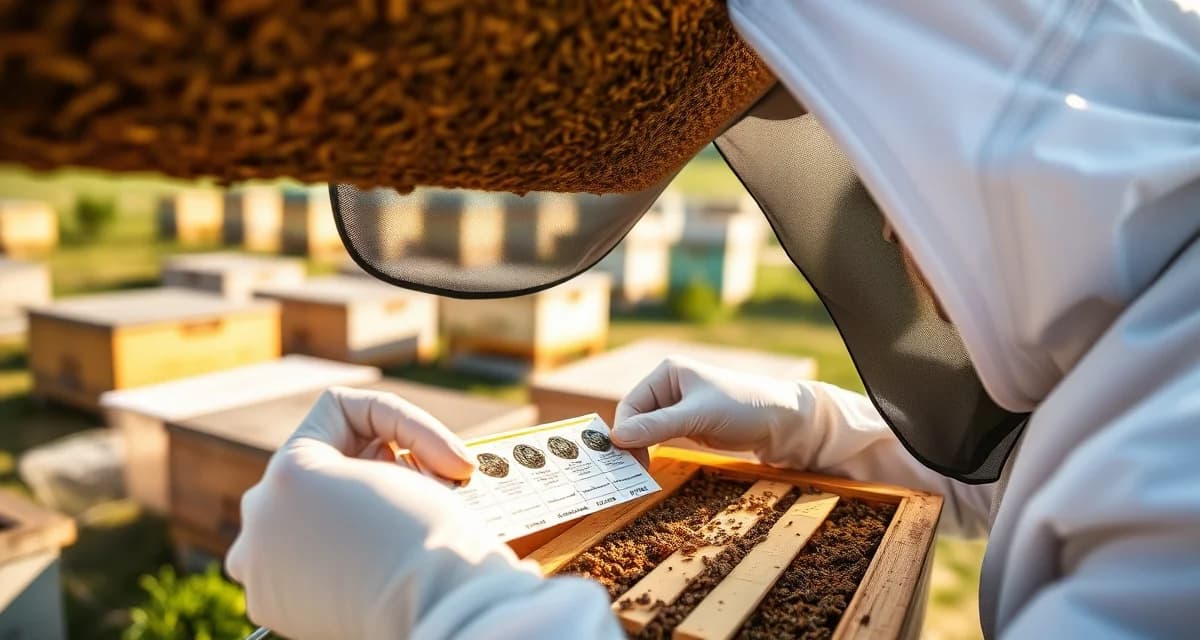 Commercial beekeeper conducting varroa scouting on honey bee hive using statistical sampling protocol for mite monitoring and treatment decisions.