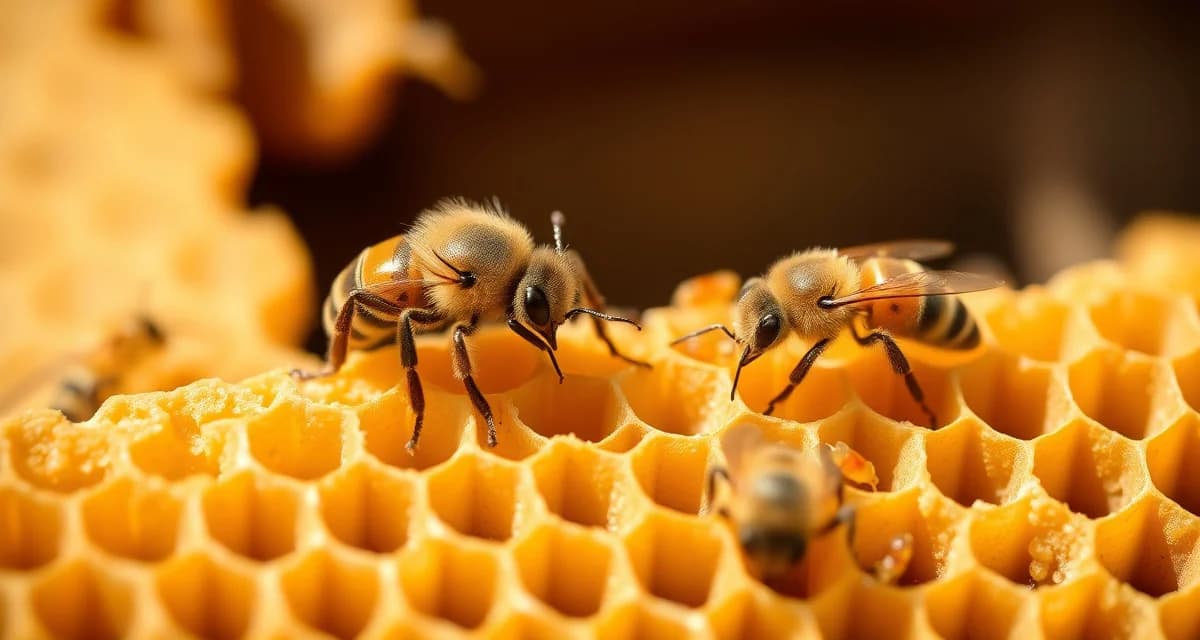 Close-up of honeycomb frame showing varroa mites and small hive beetle pests on honeybees in hive