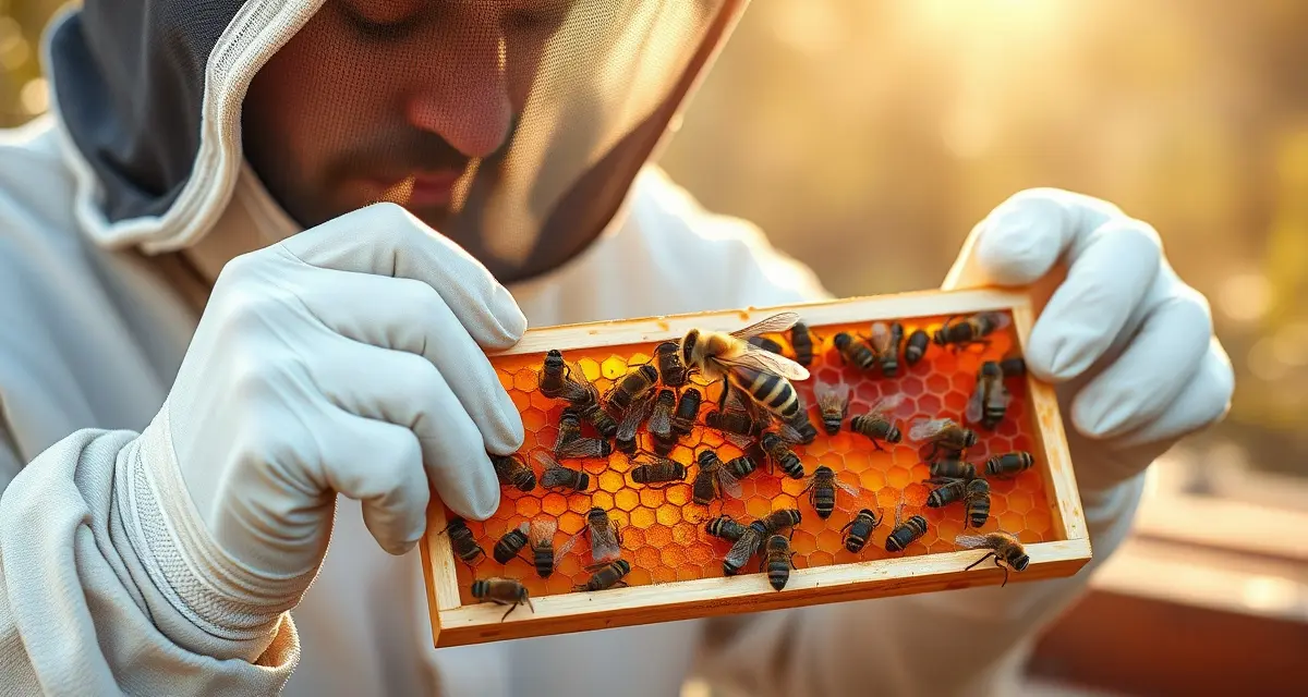 Beekeeper inspecting honeycomb frame for varroa mite infestation during spring hive assessment and treatment planning